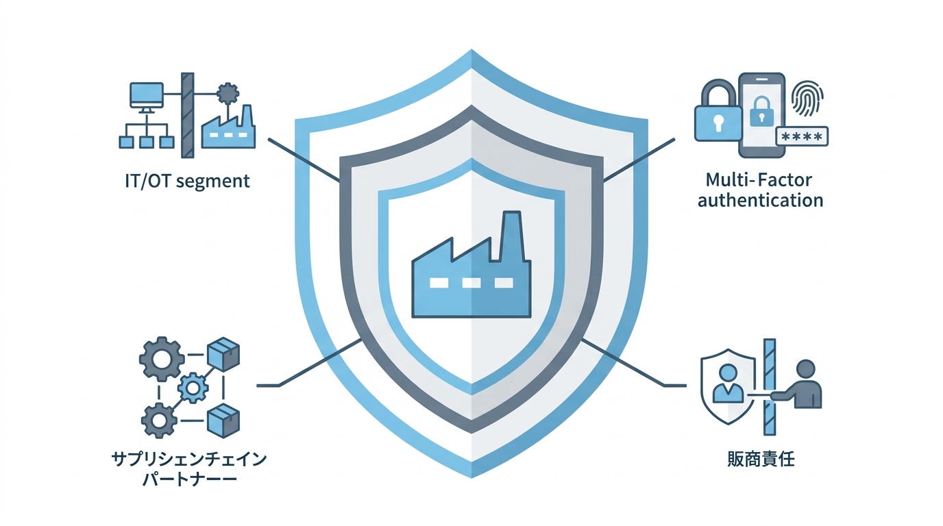 製造業のサイバーセキュリティ対策ポイントを示す図