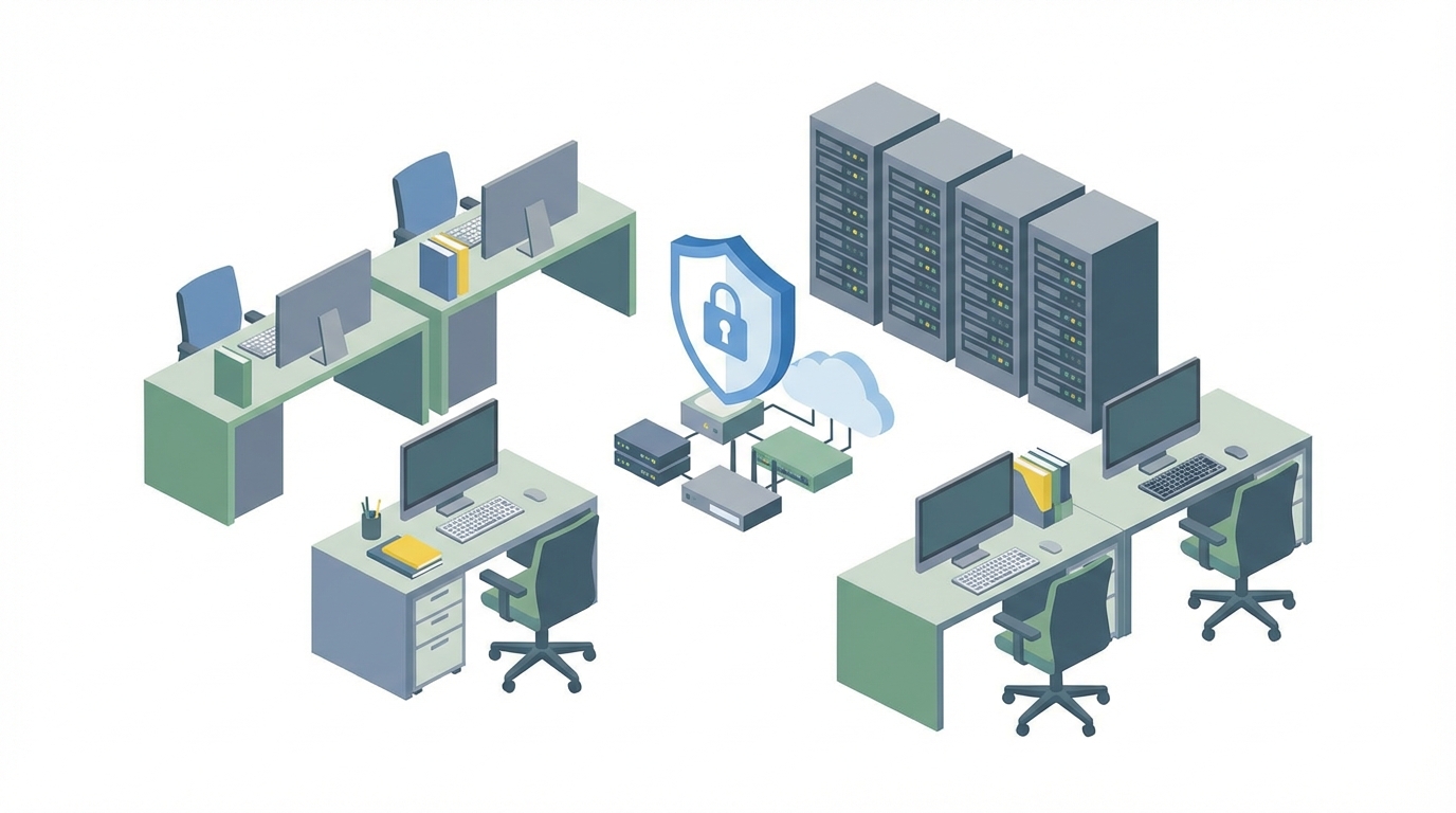 Flat design illustration of a modern Japanese IT o...