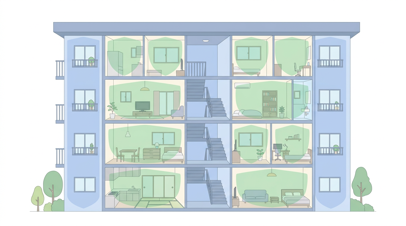 アパートの大家と入居者の保険補償範囲を示す断面図イラスト