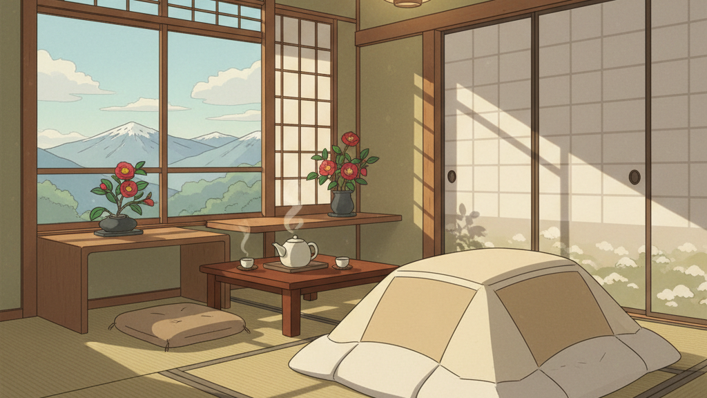 別荘の室内に布団やお茶セットが用意されている様子