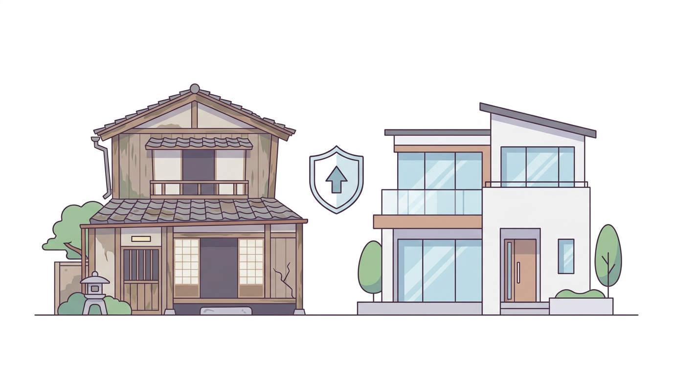 築30年以上の住宅と火災保険のイメージイラスト