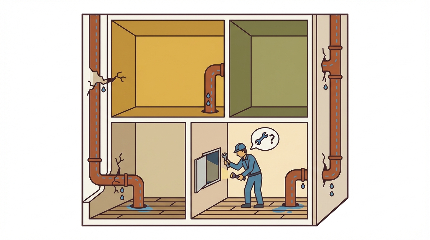 築古マンションの給排水管劣化と点検のイラスト