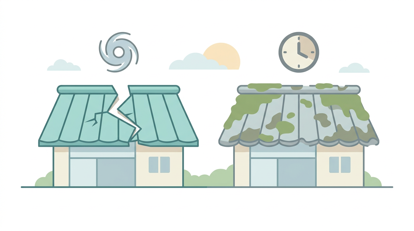 風災と経年劣化の見分け方を示すイメージ