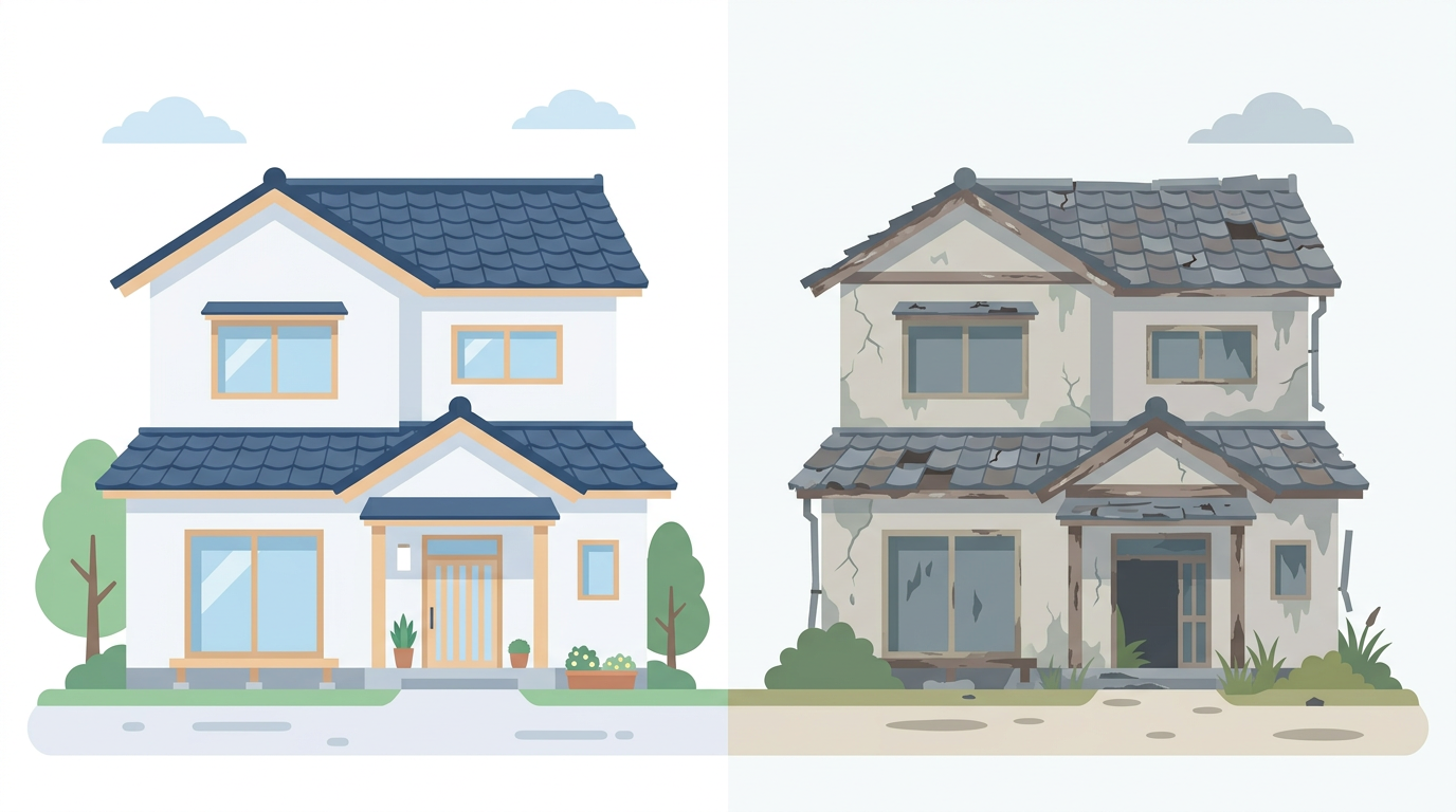 新築と経年劣化した住宅の比較イメージ