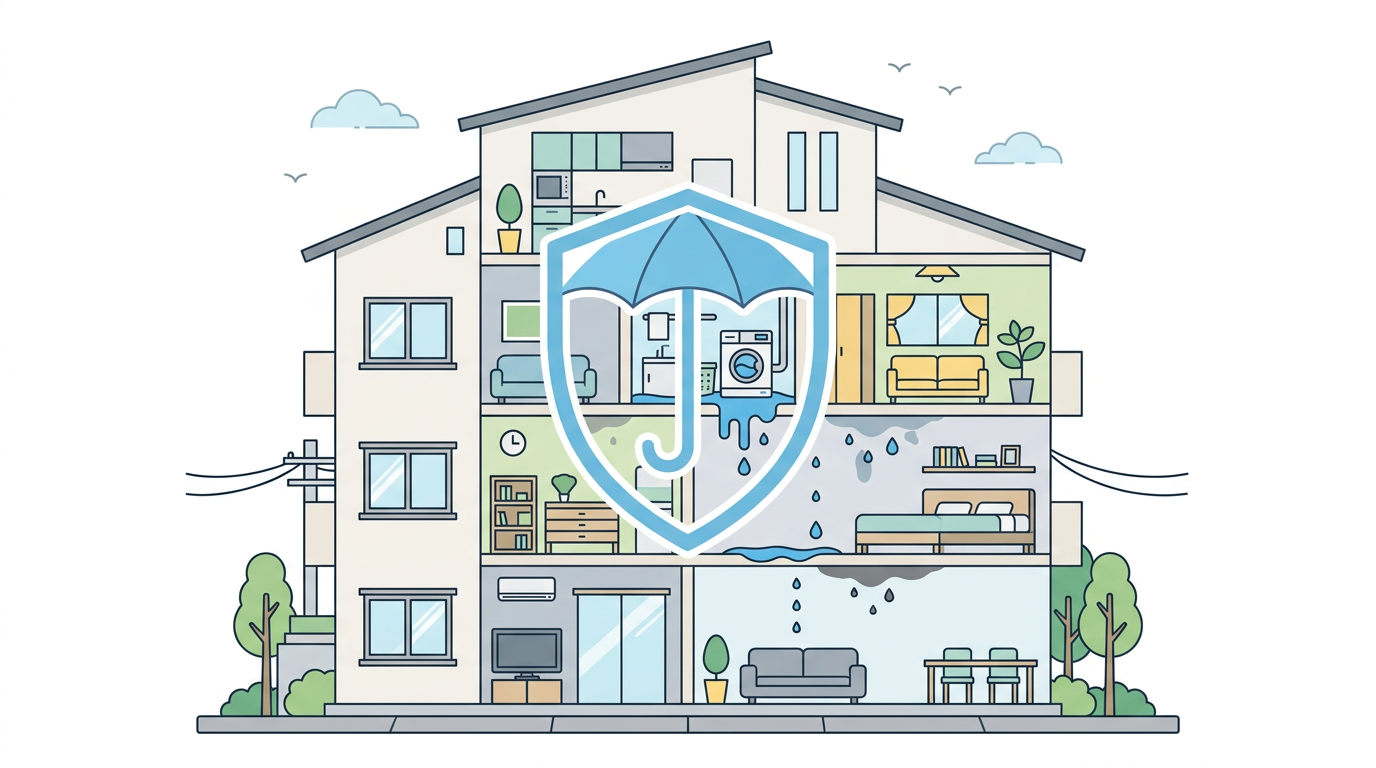 マンションの水漏れ事故と個人賠償責任保険のイラスト