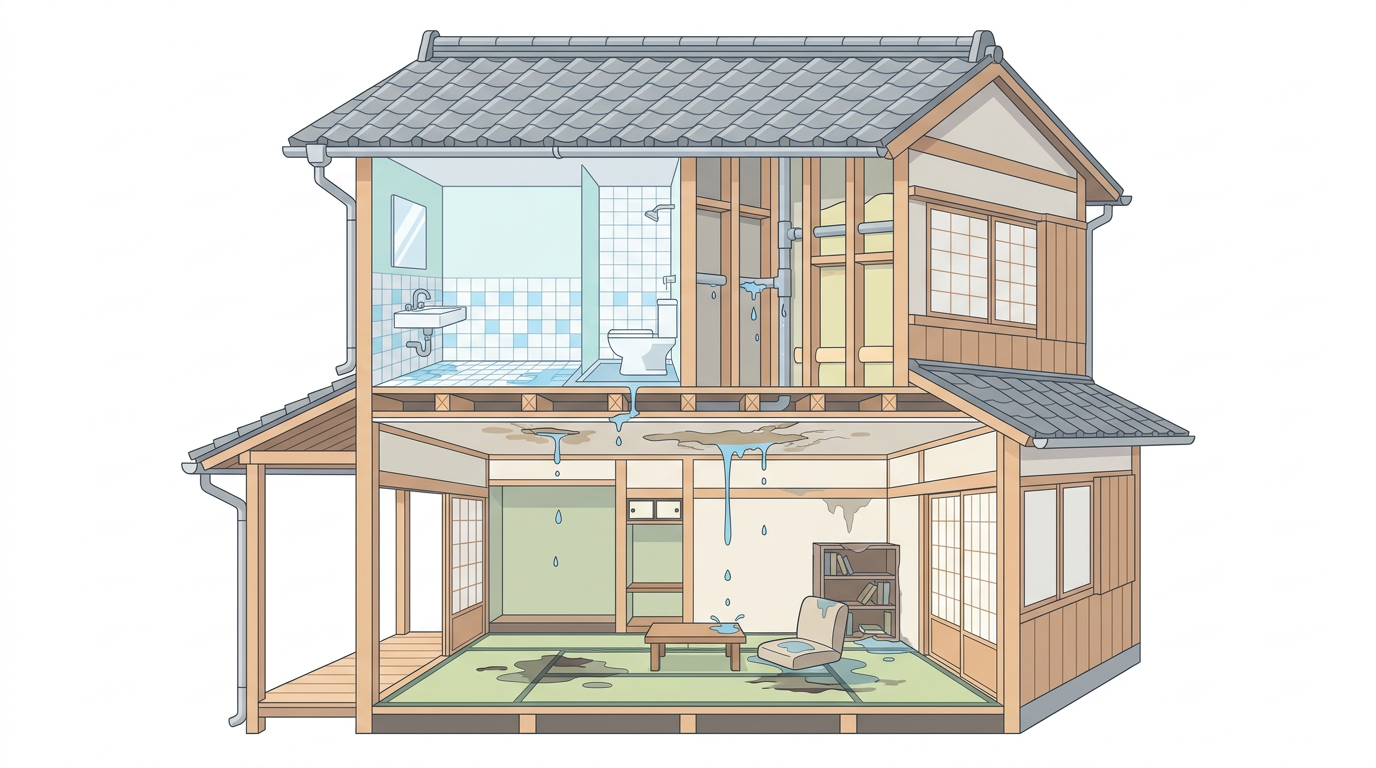 水漏れ被害の住宅断面イメージ