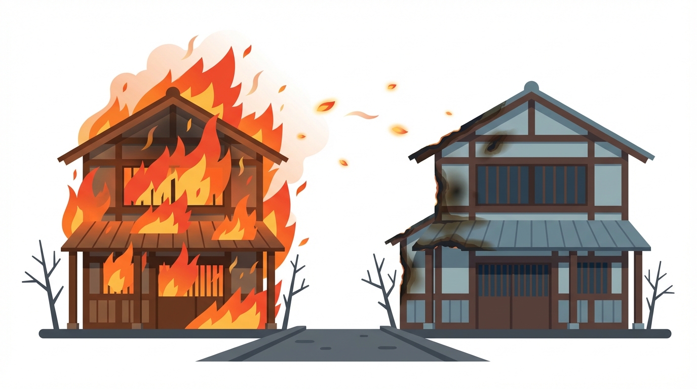 もらい火で隣家から延焼する様子のイメージ