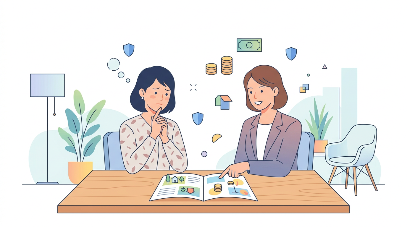 不動産会社で火災保険の説明を受ける賃貸入居者のイラスト