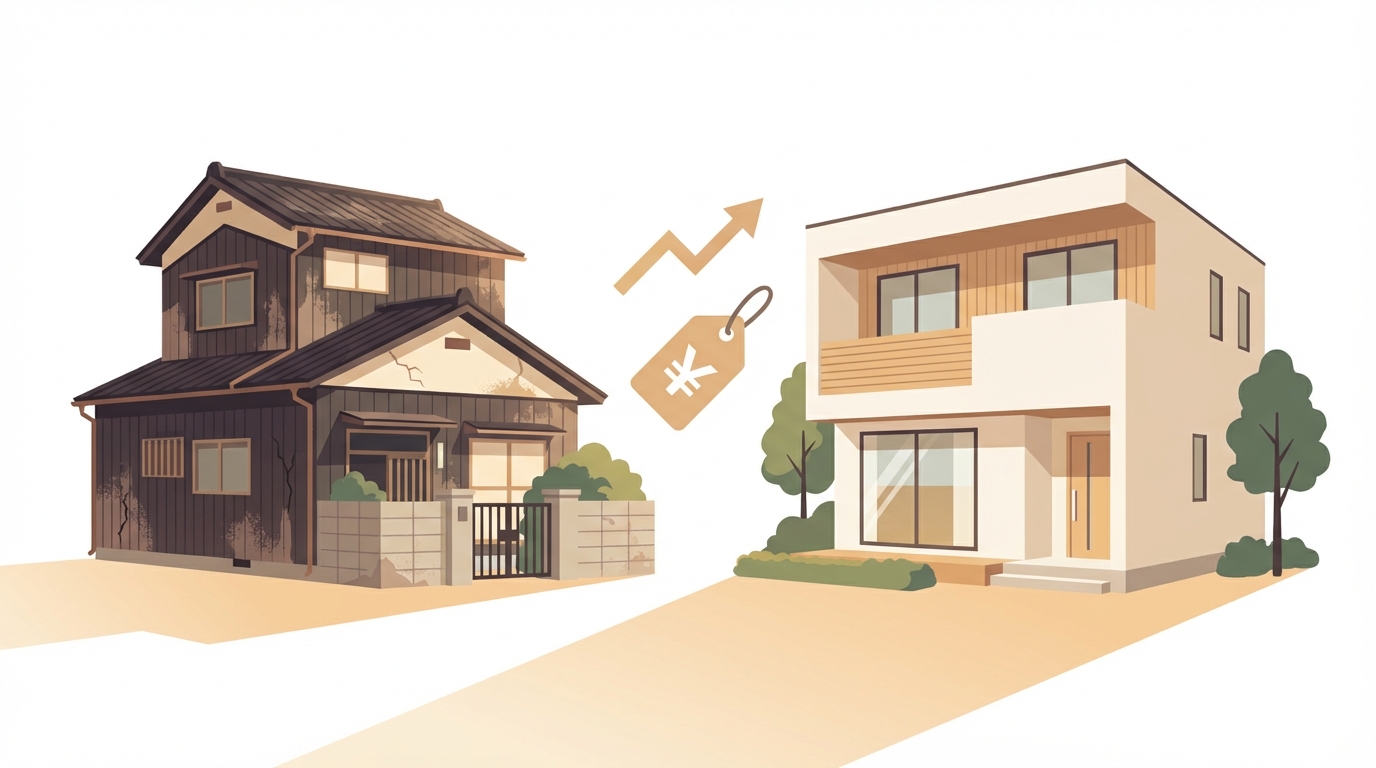 新築と中古一戸建ての火災保険料比較のイメージイラスト