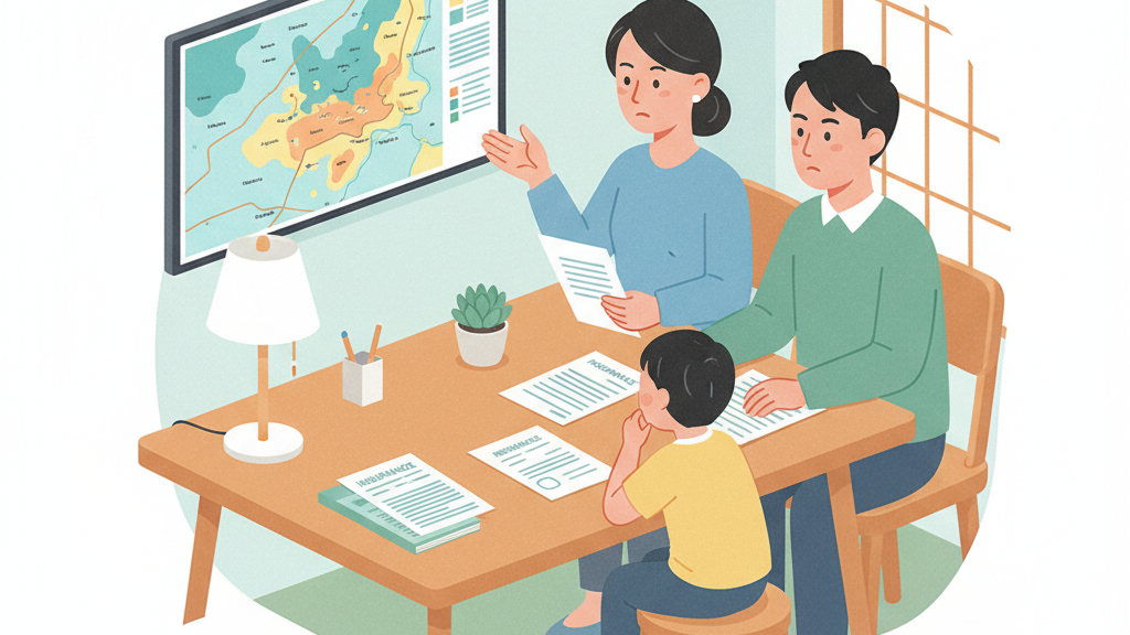 家族がハザードマップを確認しながら火災保険の水災補償を検討するイメージ