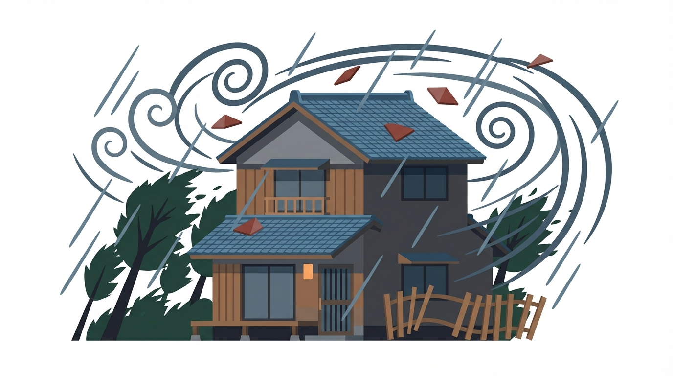 台風被害を受ける住宅のイメージ