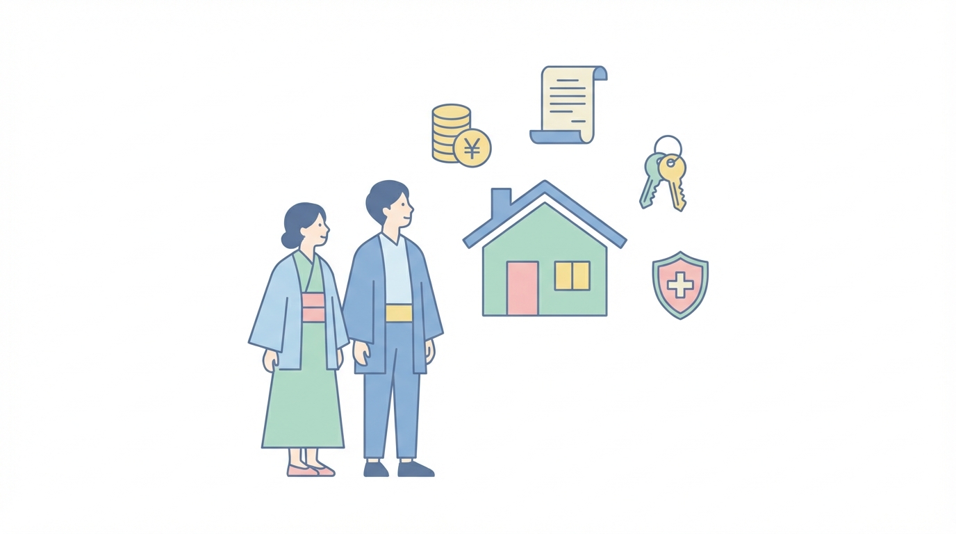 Flat design illustration showing a Japanese couple...