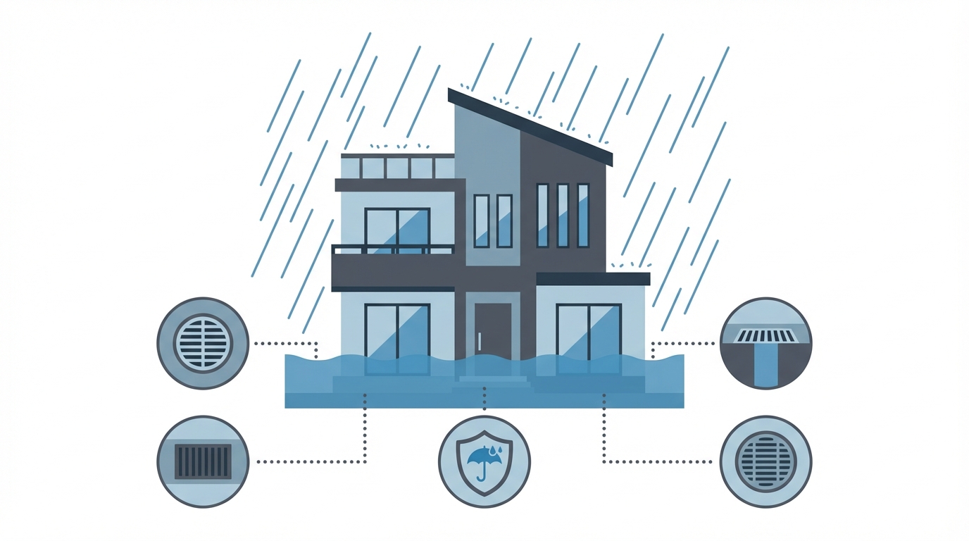 マンションの水害対策と内水氾濫リスクのイメージ