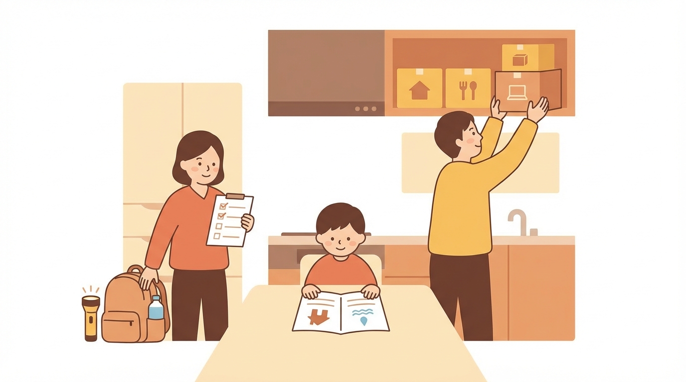 マンションの水害対策と避難準備のイメージ